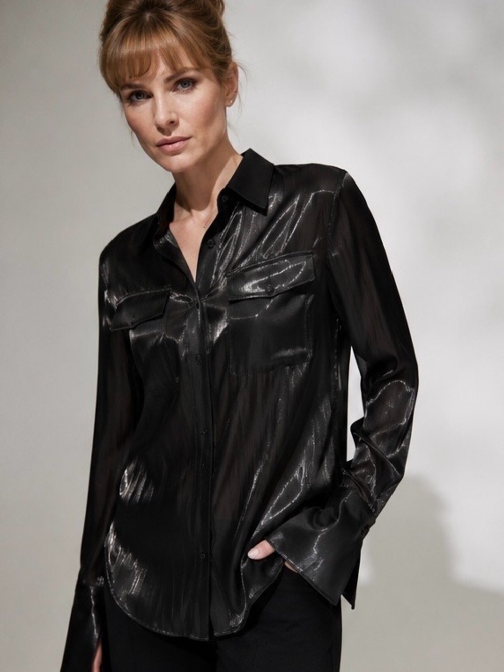 DKNY Black Rain Liquid Gunmetal Shimmer Shirt Blouse Wet Look Avant Garde M